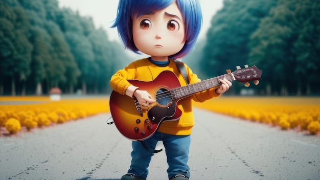 A cartoon character with a guitar on the road