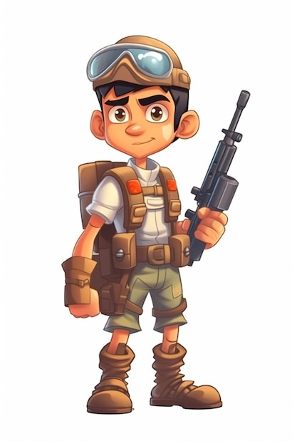 총과 헬멧을 쓰고 '군대'라고 적힌 헬멧을 쓴 만화 캐릭터