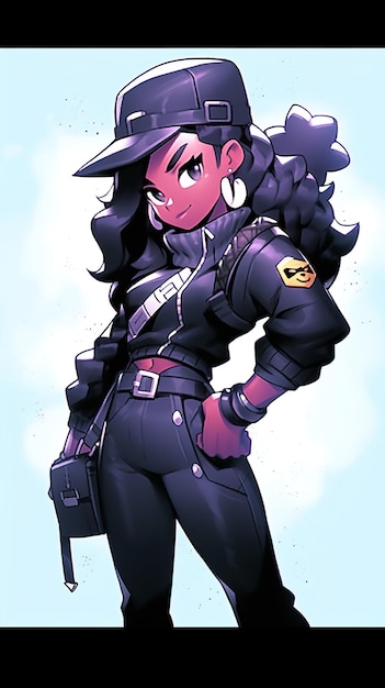 총을 들고 있는 만화 캐릭터와 그녀의 유니폼 뒤쪽에 있는 단어