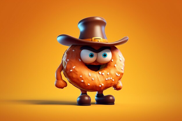 A cartoon character with a hat and a bagel with a brown hat.
