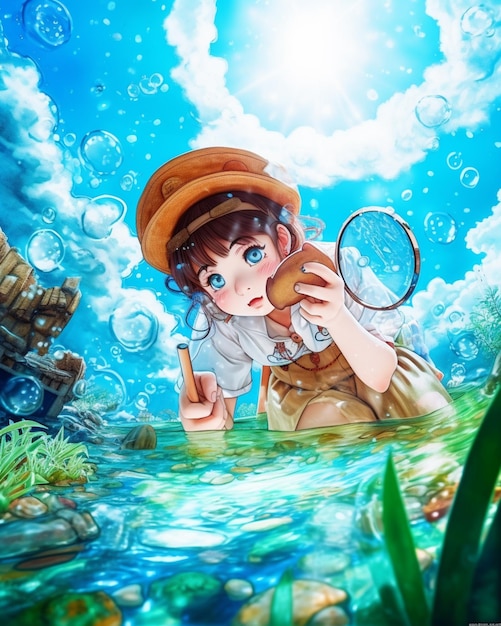 Premium Photo  A cartoon character with a hat and a fish in the water