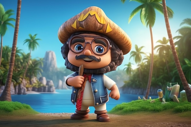 A cartoon character with a hat and glasses stands on a beach with palm trees in the background.