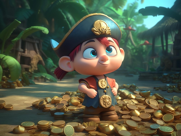 A cartoon character with a hat and a pirate hat stands in a pile of gold coins.
