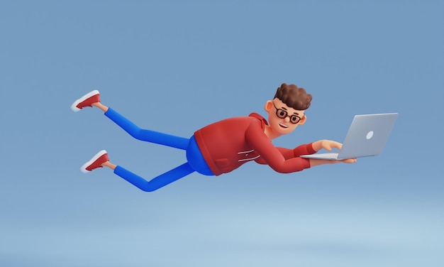 Photo a cartoon character with a laptop in his hands runs trying to do everything the concept of success 3d illustration