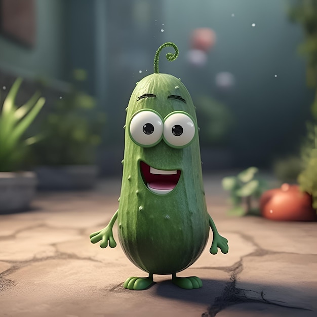 A cartoon character with a large grin on its face stands in front of a garden.