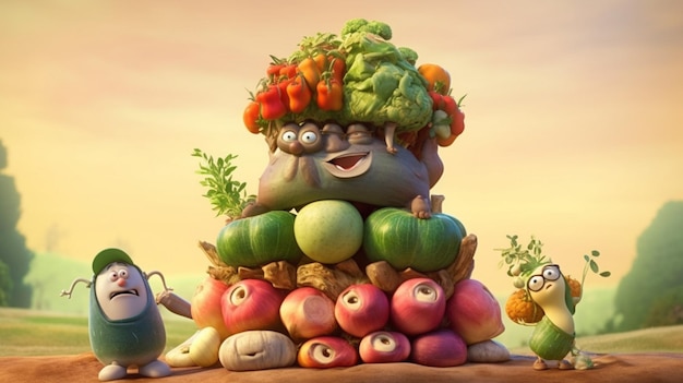 A cartoon character with a large head of vegetables on top of it.