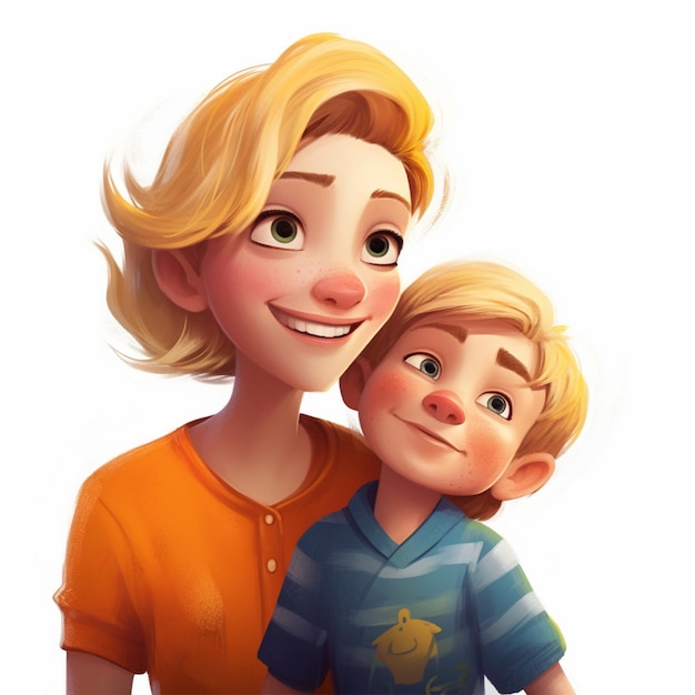 A cartoon character with a little boy and a woman wearing a blue