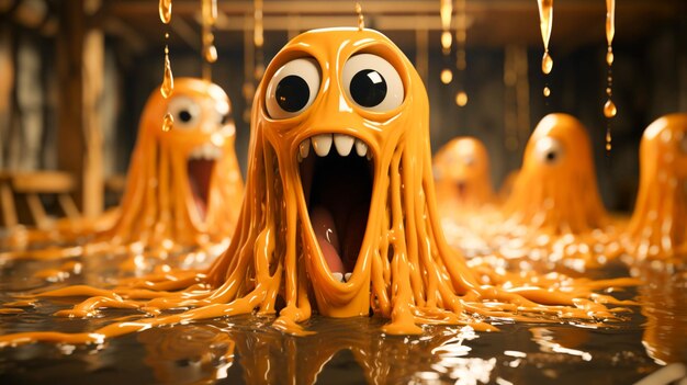 A cartoon character with lots of liquid dripping down