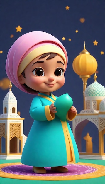 A cartoon character with a mosque in the background