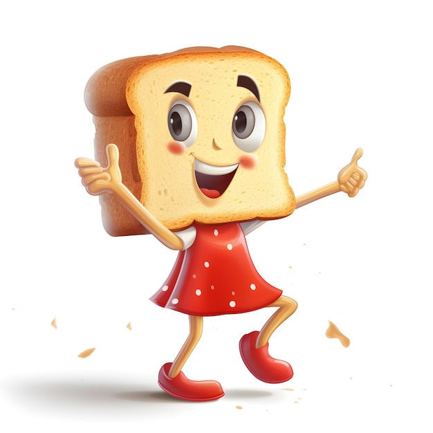 A cartoon character with a piece of bread on her head and a red dress