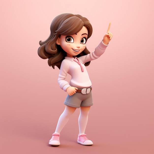 Photo a cartoon character with a pink background and a picture of a girl pointing at the index finger.