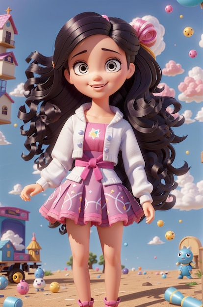 a cartoon character with a pink bow and purple dress is standing in front of a blue sky with clouds.