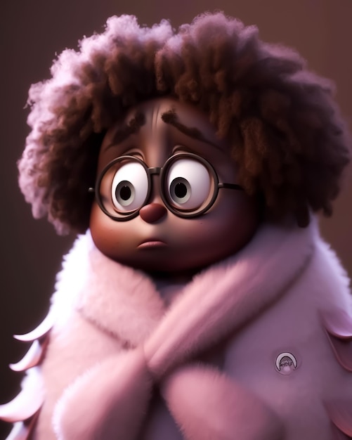 A cartoon character with a pink coat and large round glasses.