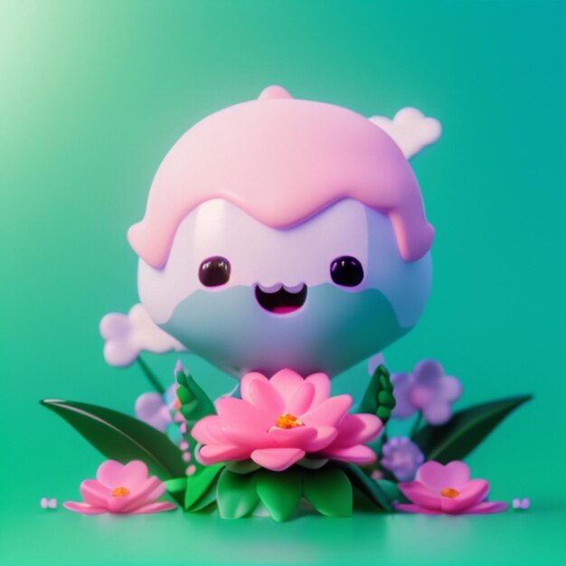 A cartoon character with a pink flower in its mouth.