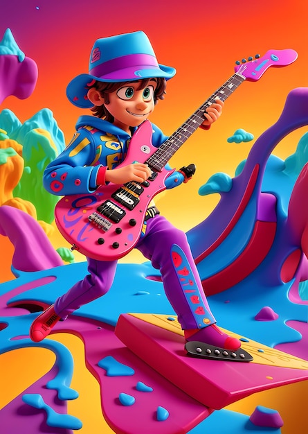 a cartoon character with a pink guitar in his hands.