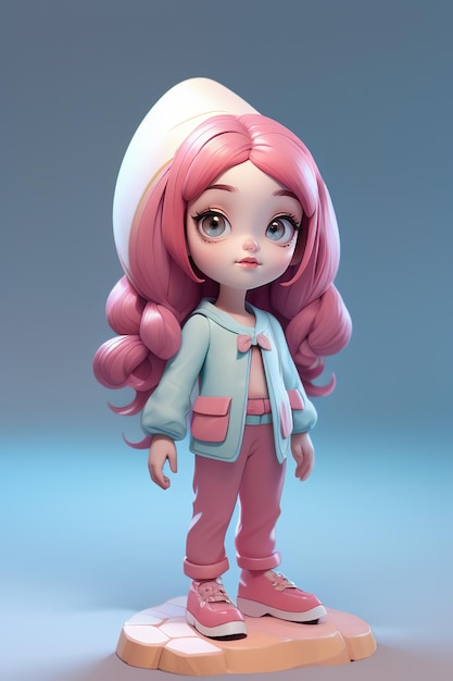 a cartoon character with pink hair and a blue shirt.