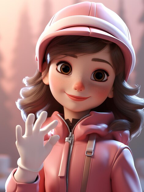 A cartoon character with a pink hat and a pink jacket.