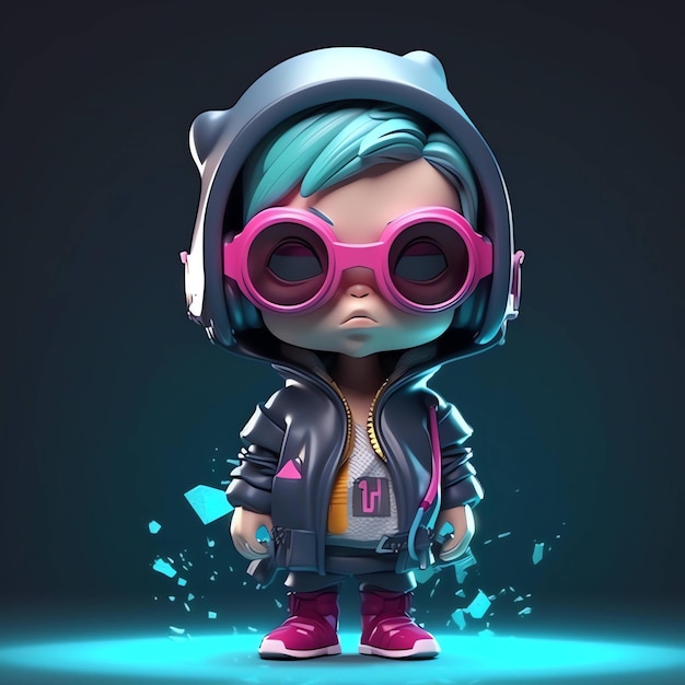 A cartoon character with a pink headband and a hoodie that says'i'm a robot '