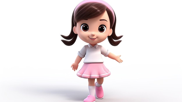 A cartoon character with a pink skirt and a white shirt.