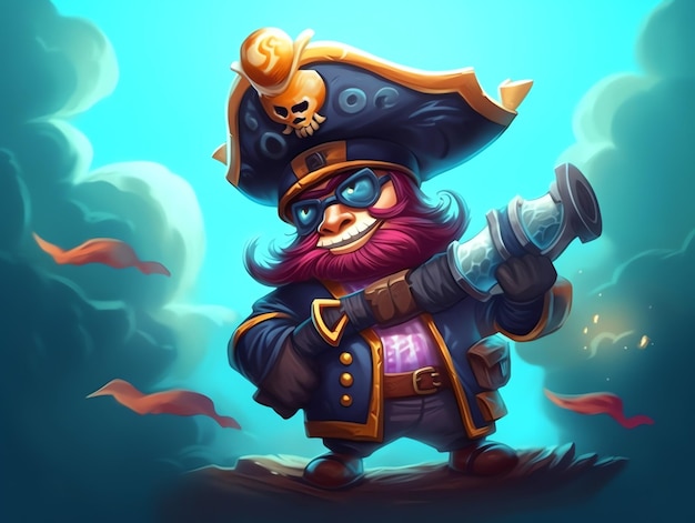 A cartoon character with a pirate hat and a sword in his hand.