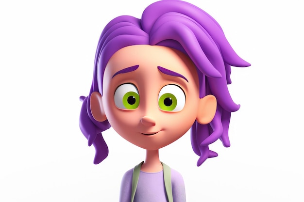 A cartoon character with purple hair and a green eye.