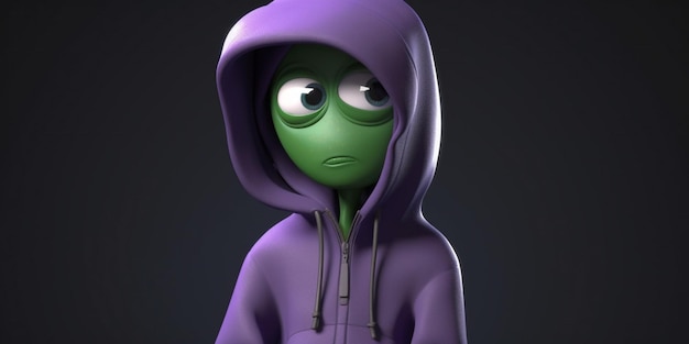 A cartoon character with a purple hoodie and a green frog on it.