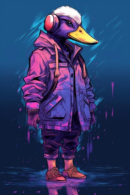 A cartoon character with a purple jacket and a yellow duck on it.