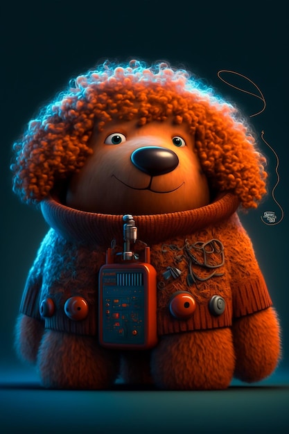 A cartoon character with a radio on his chest and a red sweater