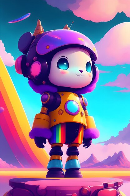 A cartoon character with a rainbow background and the word robot on it.