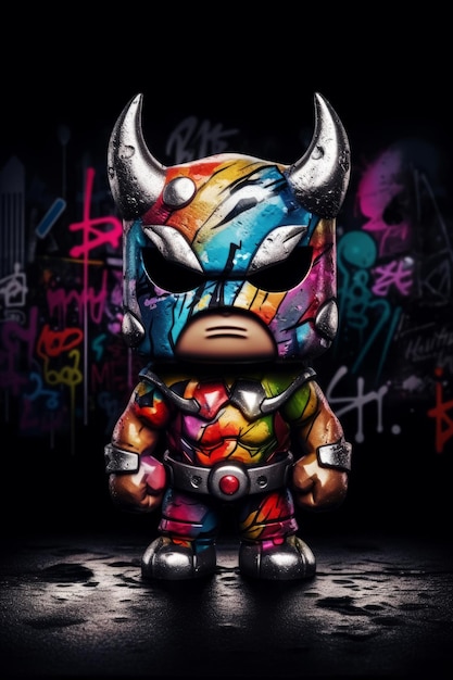 A cartoon character with a rainbow colored helmet and a bull on its head.