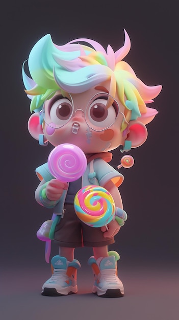 A cartoon character with a rainbow hair and glasses holding a candy lollipop.