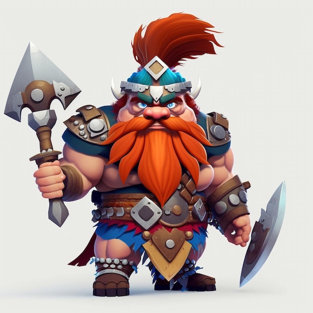 A cartoon character with a red beard and a blue helmet holding a axe.