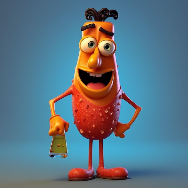 A cartoon character with a red body holding a small object in his hand.