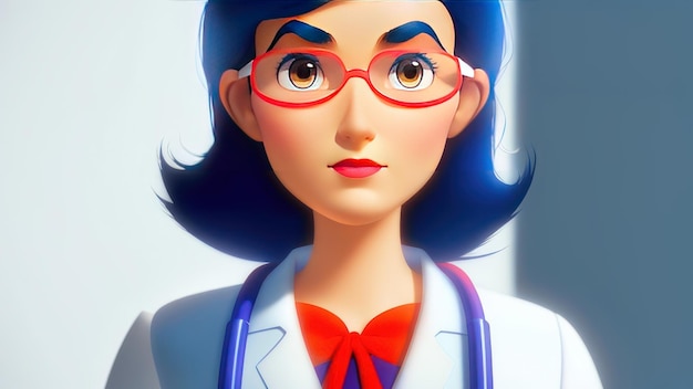 A cartoon character with red glasses and a white coat with a red rimmed eyeglasses.