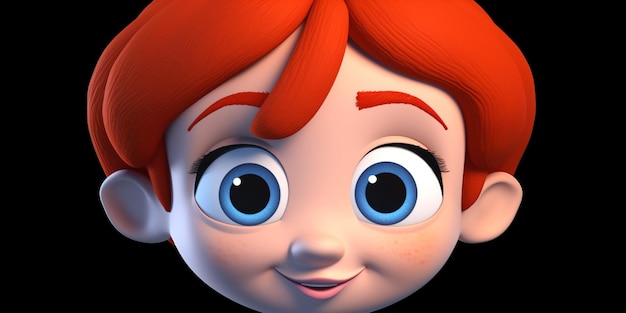 A cartoon character with red hair and blue eyes is looking at the camera.