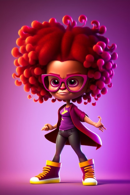 A cartoon character with red hair and glasses stands on a purple background.