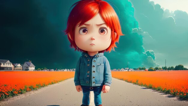 A cartoon character with red hair stands on a road in front of a cloudy sky.