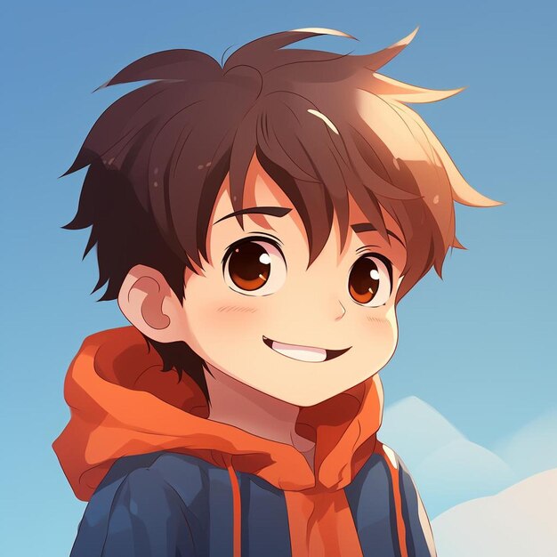 a cartoon character with a red hoodie and a blue sky background