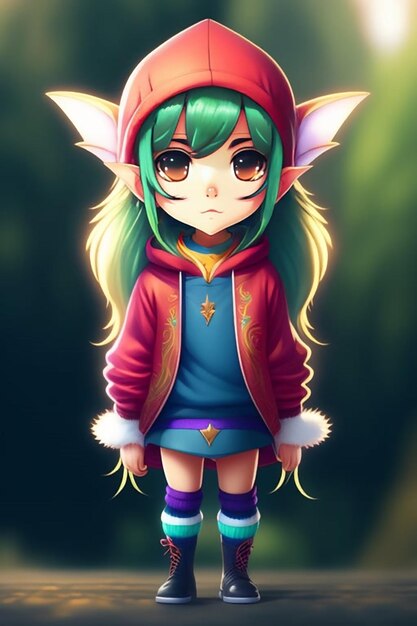 A cartoon character with a red hoodie and green hair.