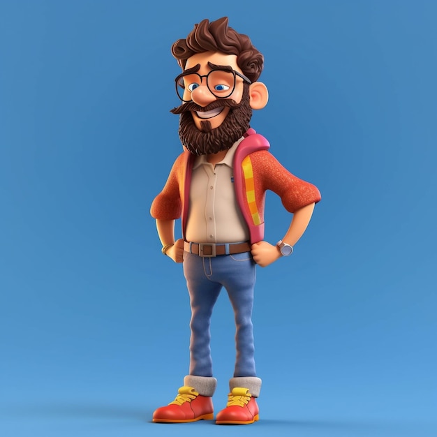 A cartoon character with a red jacket and blue jeans stands with his hands on his hips.