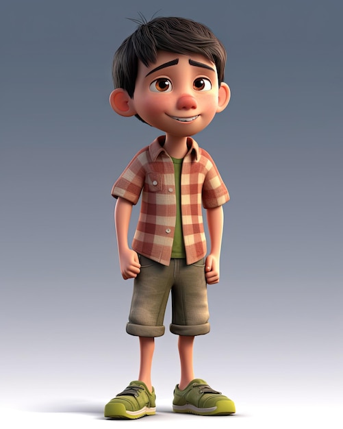 A cartoon character with a red plaid shirt and green shorts stands in front of a grey background.