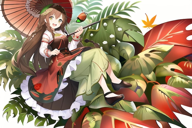 赤い傘とその上に緑の葉を持つ漫画のキャラクター。