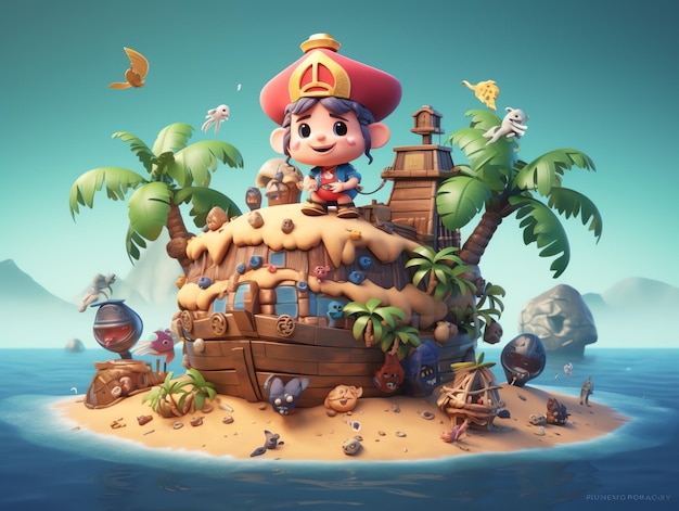 A cartoon character with a ship on a island with palm trees and a boat on it