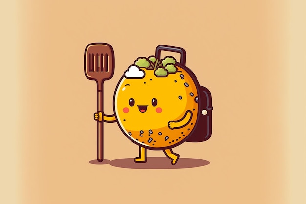 A cartoon character with a spoon and a bag of food.