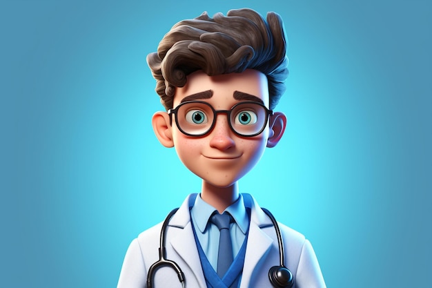 A cartoon character with a stethoscope in front of a blue background.