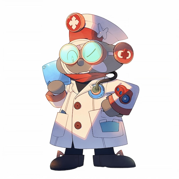 A cartoon character with a stethoscope and a red cross on his head.