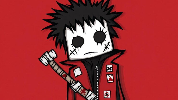 Photo cartoon character with stitches and weapon