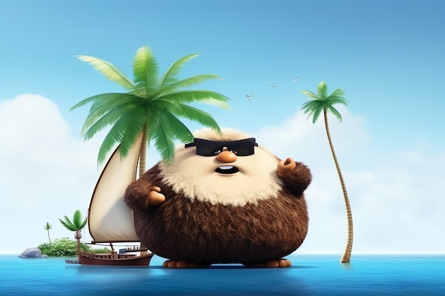 A cartoon character with sunglasses and a beard stands on a tropical beach with palm trees and a boat in the background.