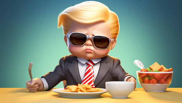 A cartoon character with sunglasses and a bowl of french fries