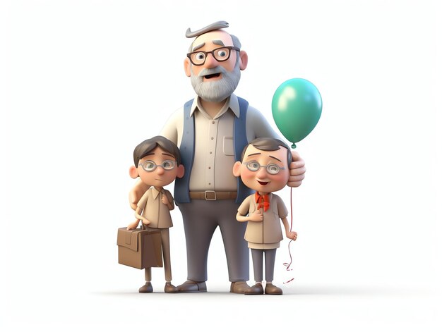 A cartoon character with two boys and a balloon